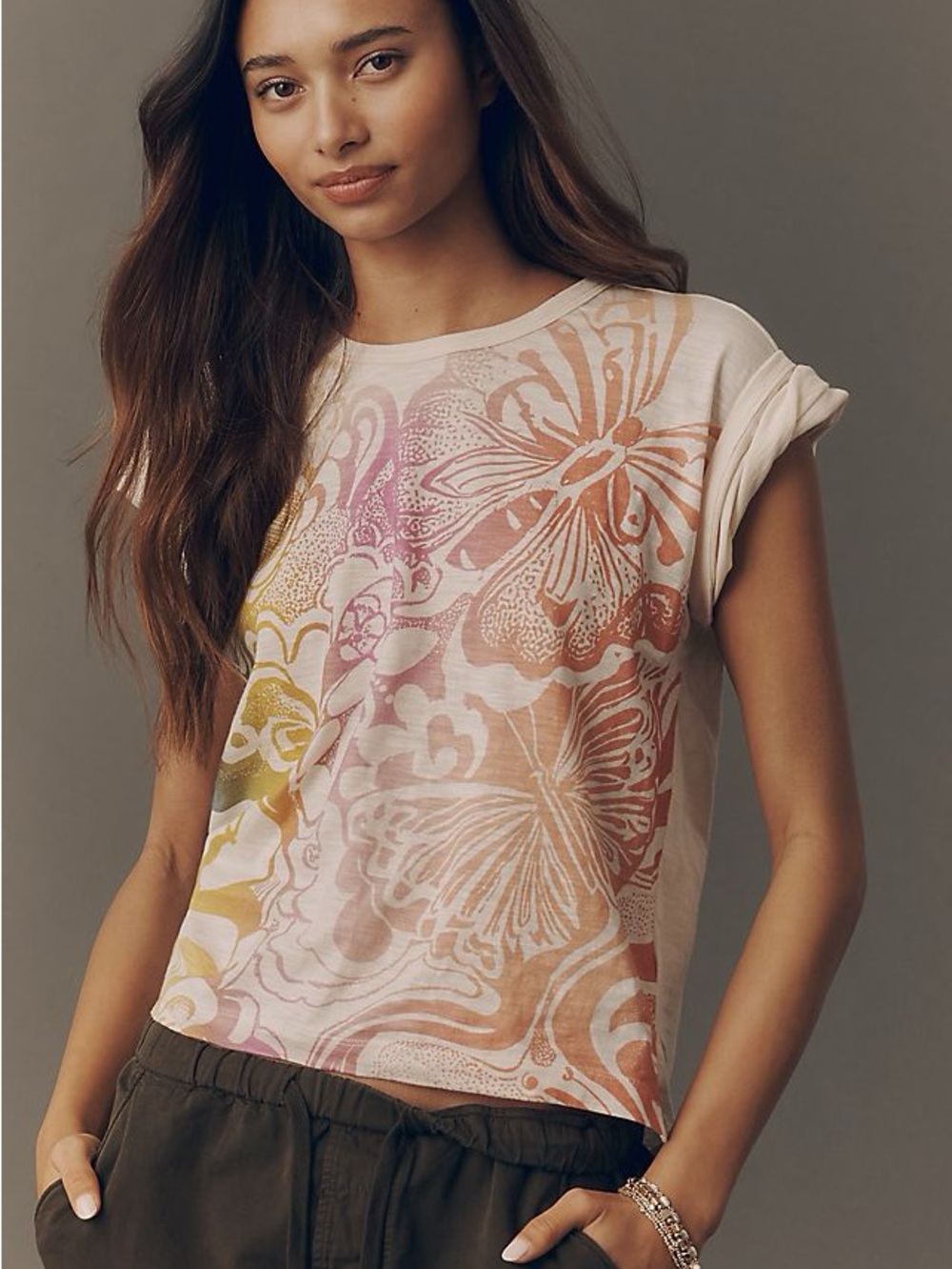 Pilcro Floral Butterfly Short Sleeve Tee in Pink and Cream